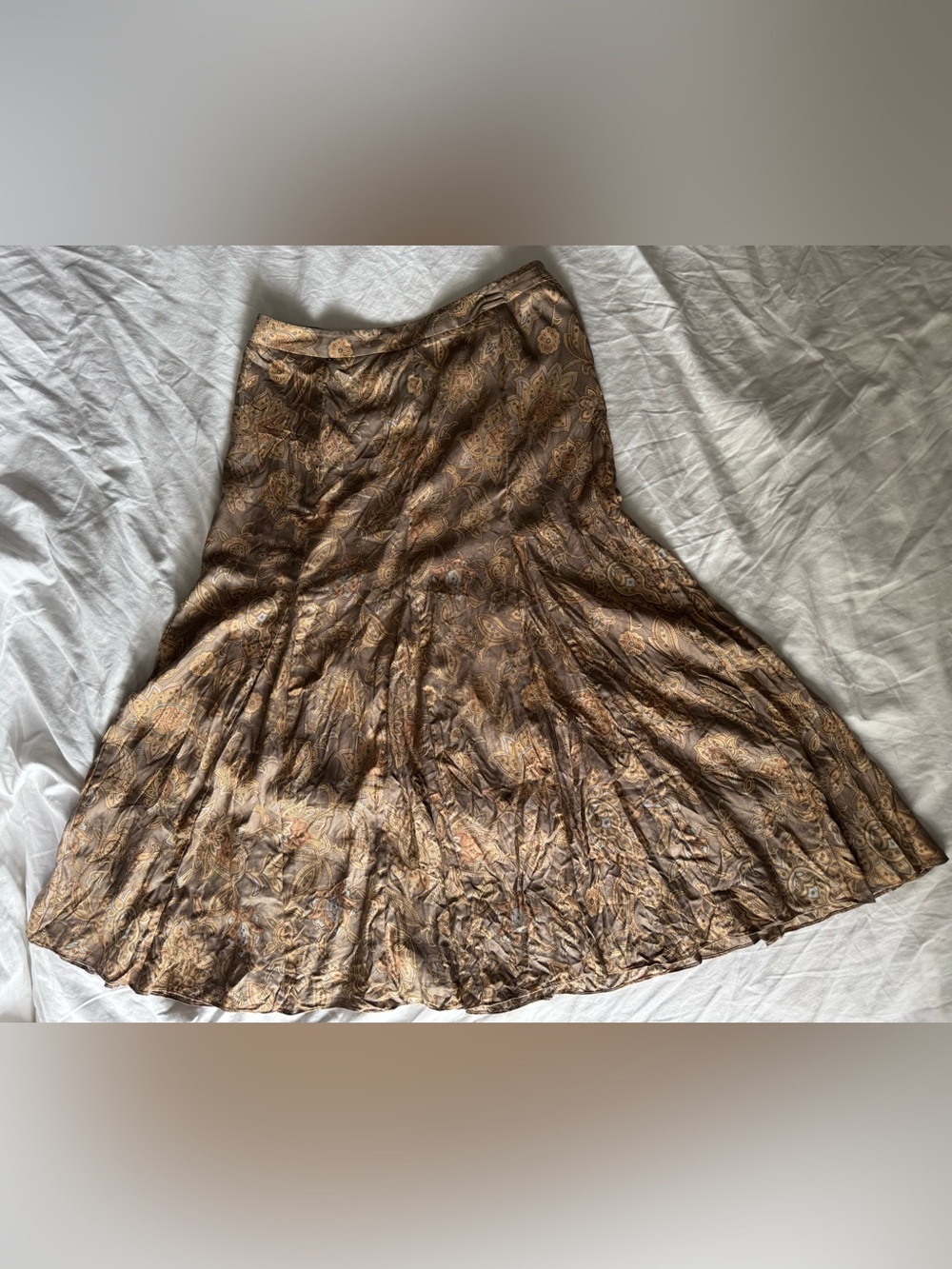Vintage Jones New York 100% Silk Paisley Midi Skirt Sz 16 Brown Earth Tone
